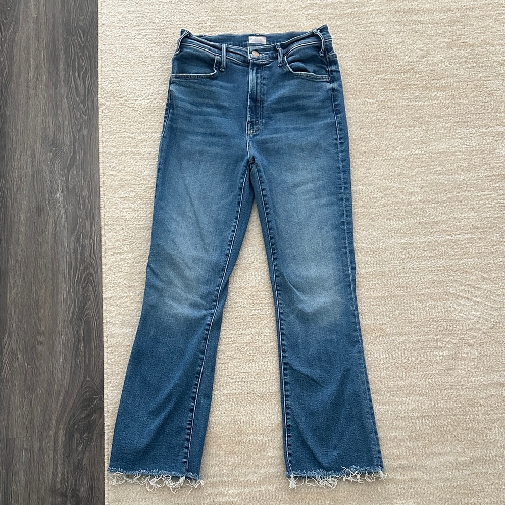 MOTHER Blue Flare Jeans with Frayed Hem